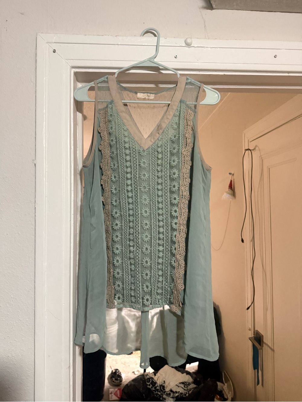 Rye Mint Green Lace-Front Sleeveless Top with Beige Trim